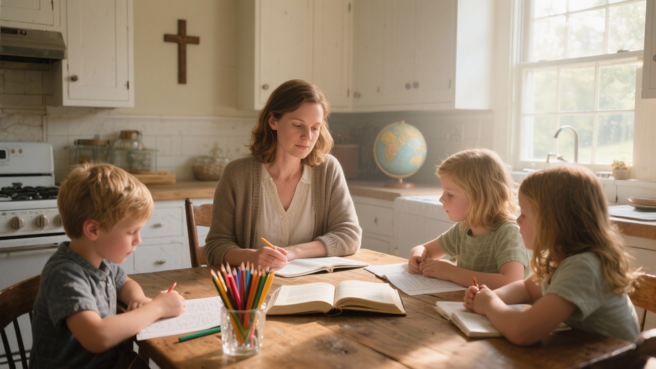Mother teaching children at a kitchen table